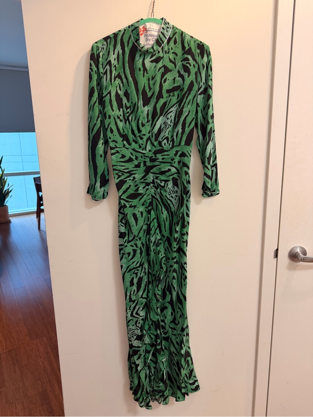 RIXO Green and Black Animal-Print Long Sleeve Maxi Dress